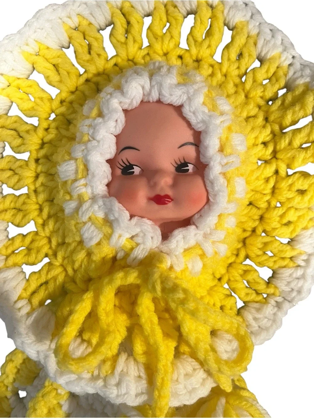 Vintage Handmade Crochet Knit Doll Face Pot Holders Yellow White Kitchen Decor